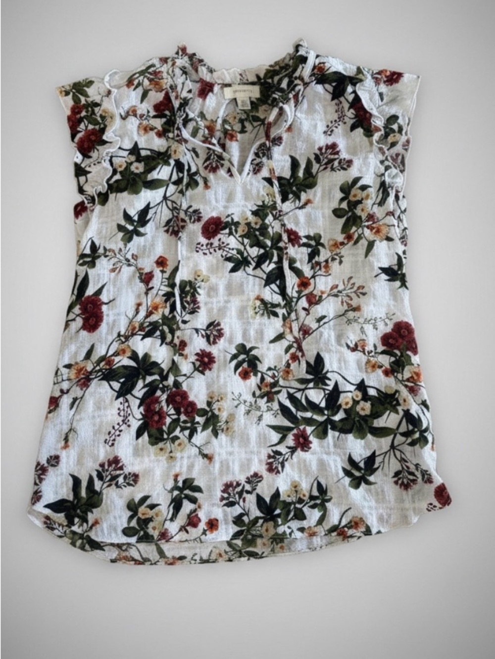 White Floral Cap-Sleeve V-Neck Blouse with Red & Green Print